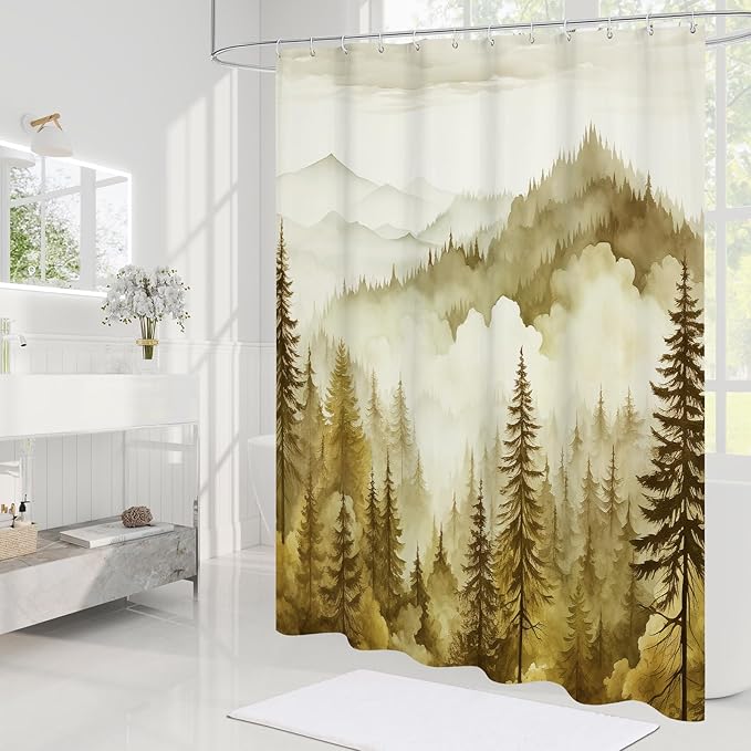 Yellow Extra Long Misty Pine Forest Shower Curtain 72 x 84, XL Mountain Foggy Woodland Scenery Tree Shower Curtains for Bathroom, Abstract Waterproof Nature-Themed Decor