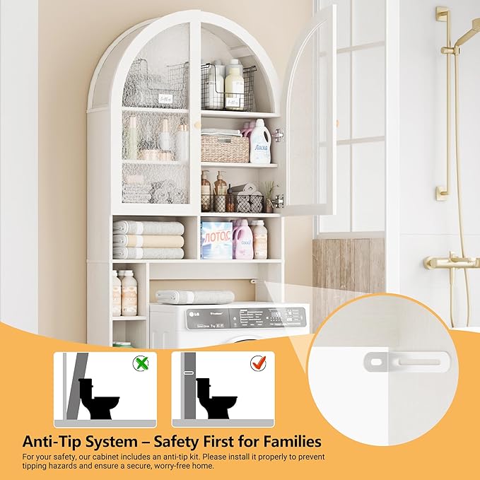 Over The Toilet Storage Cabinet, 29.7”W Modern Storage Cabinet Over Toilet with Acrylic Doors, Arched Freestanding Over Toilet Rack with Adjustable Shelf for Bathroom, Antique White
