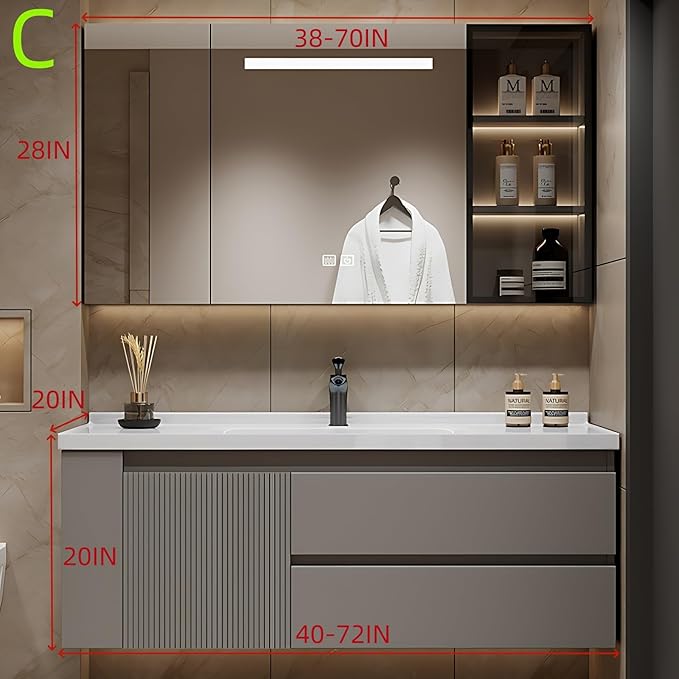 48IN Suspended Bathroom Cabinet Combo Set - Fully Functional LED Mirror Vanity with Smart Defogging & Time Display | Bathroom Vanity with Sink,Side Cabinets Storage Compartment (Style C)
