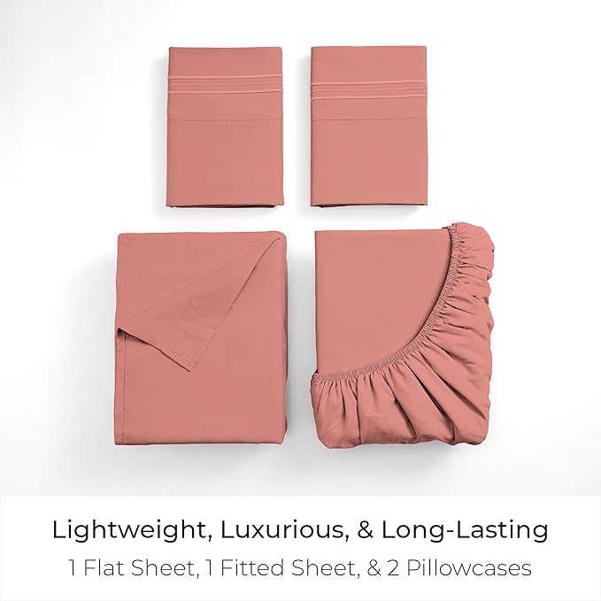 Mellanni Queen Sheets Set - 4 PC Iconic Collection Bedding - Hotel Luxury, Extra Soft, Cooling Bed Sheets - Wrinkle, Fade, Stain Resistant (Queen, Coral)