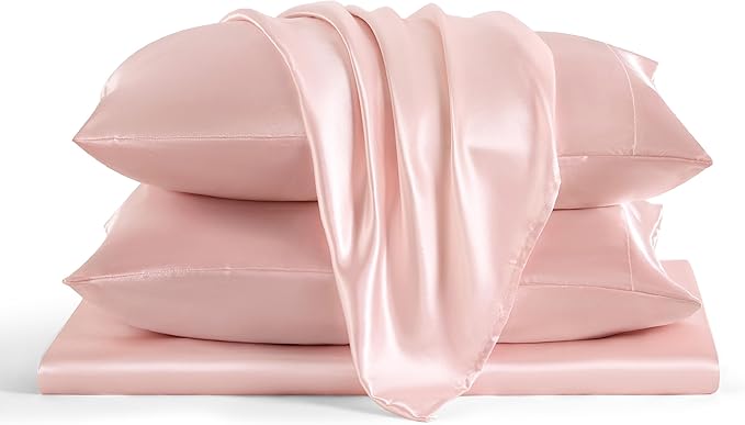 Bedsure Pink Satin Sheets Full Size - 4 Piece Silky Bedsheets with 15 Inches Deep Pocket Fitted Bedsheet,1 Flat Sheet, 2 Satin Pillowcases, Good for Hair & Skin (Full, Pink)