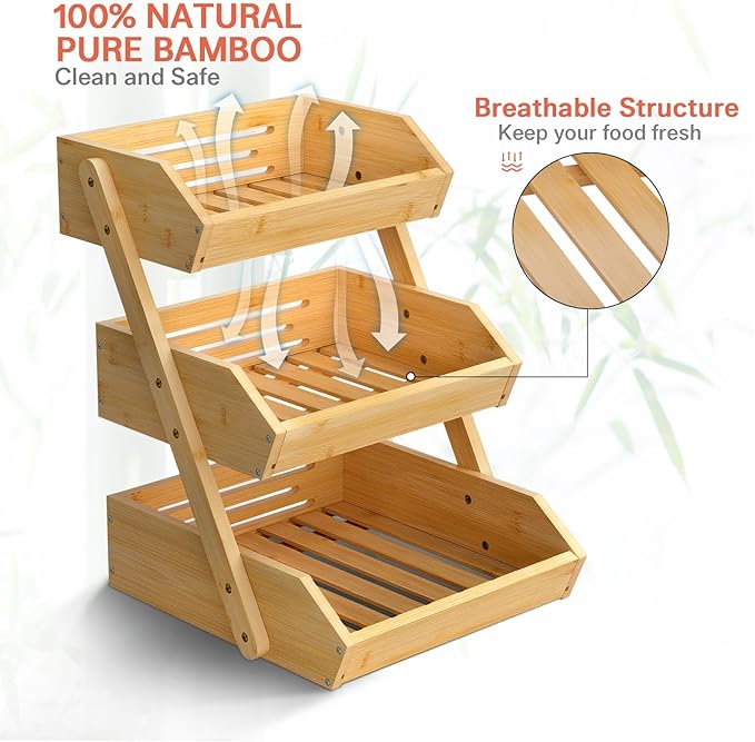 G.a HOMEFAVOR Bamboo Fruit Basket, Fruit Organizer for Kitchen Counter, Vegetable Storage Stand, 15 mm Thickness (Self-assembly)