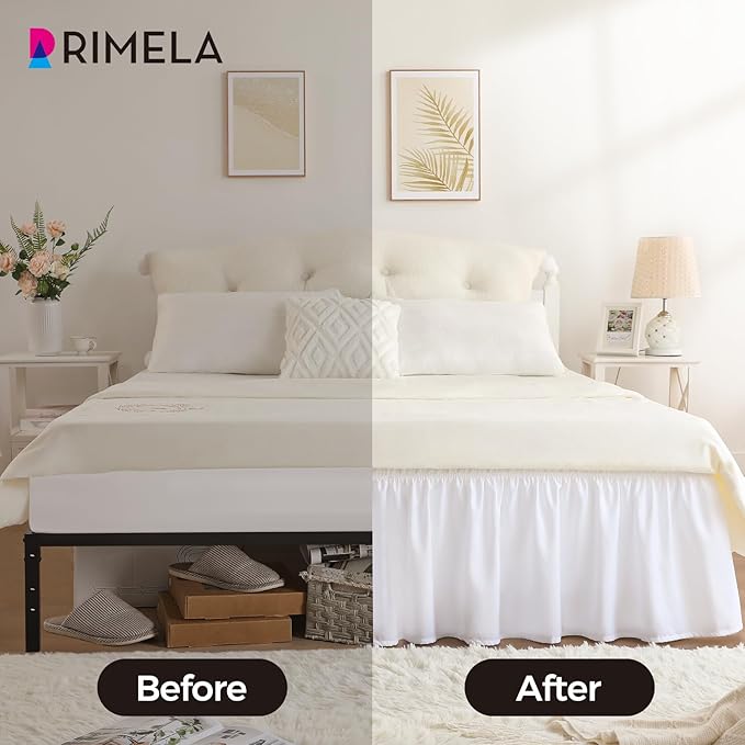 RIMELA White Bed Skirt Queen Size 18 Inch Drop, Elastic Bed Skirting for Bed Base and Frame, Bedding Dust Ruffle Easy to Install, Lightweight Wrap Around Adjustable Bedskirt