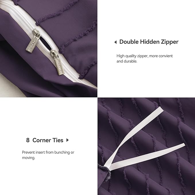 JELLYMONI Duvet Cover Queen Size Purple - 3PCS Boho Striped Duvet Cover Set Polyester Tufted Bohemian Textured Comforter Cover 90×90in with Corner Ties & Zipper and 2 Pillowcases