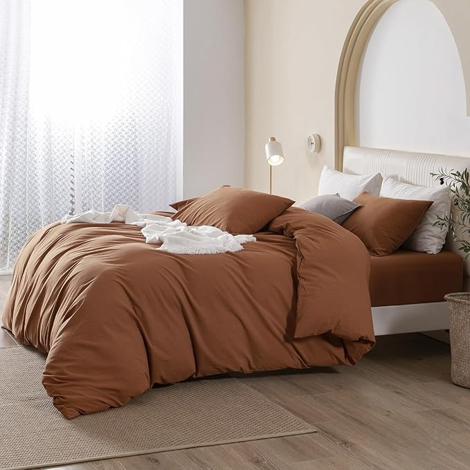 JIYUAN 100% Washed Cotton Duvet Cover Set 3 Pieces Oversized King, 1 Duvet Cover 120x98 Inches(Comforter Not Included) and 2 Pillowcases,Linen Feel Bedding Set Comfy and Breathable,Burnt Orange