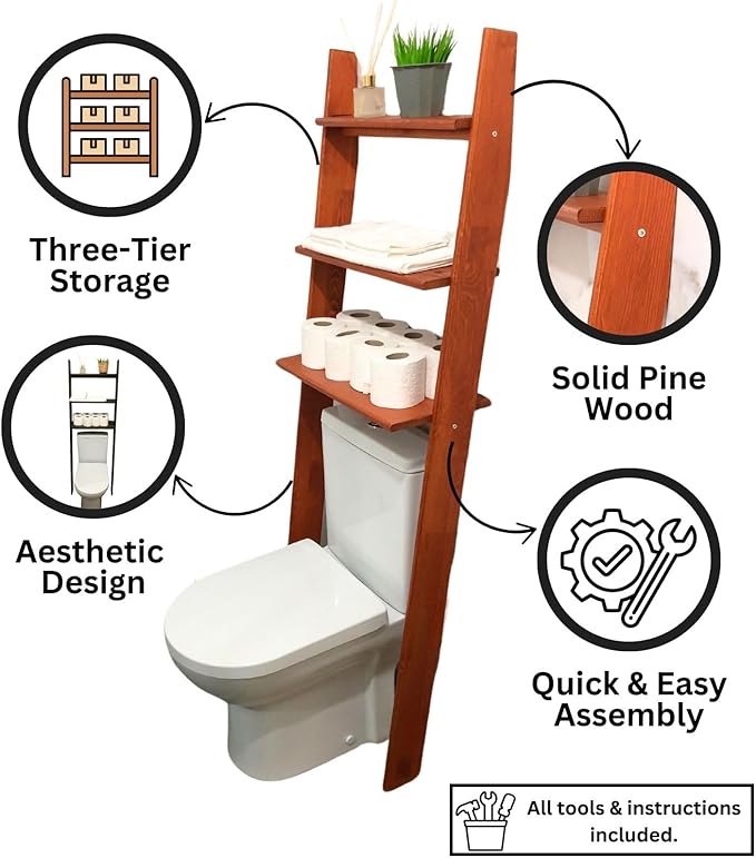 Over The Toilet Birch Wood Bathroom Organizer Shelves, 3-Tier Freestanding Above Toilet Storage Ladder Shelf, Standing Space Saver Behind Toilet Small Bathroom Organizer (Verde)