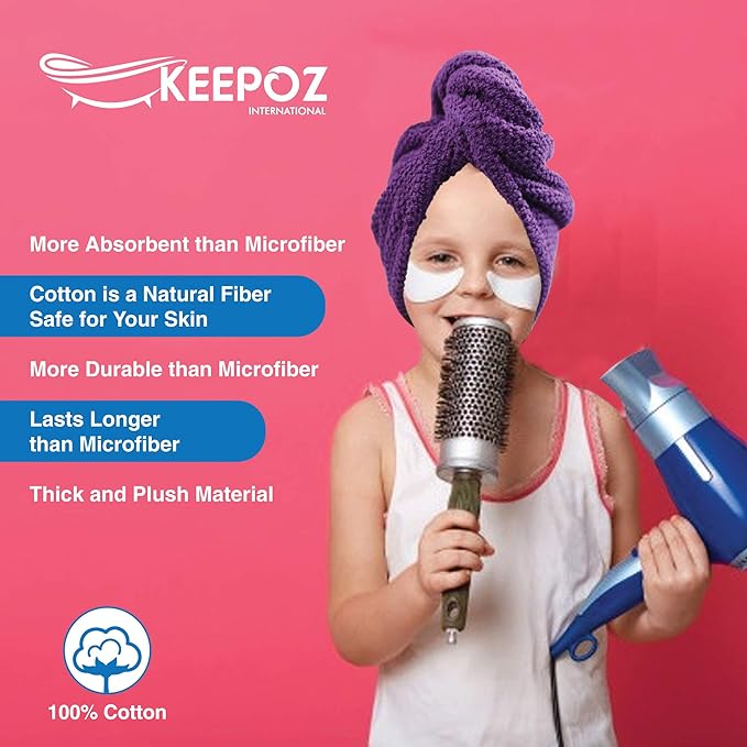 KEEPOZ Hair Towel Wrap Quick Dry 100% Cotton Super Absorbent Turban Head Wrap for Women with Button, Non Microfiber Anti Frizz Hair Products, Hair Cap for Curly, Long Hair (Purple Check, 2 Pcs)