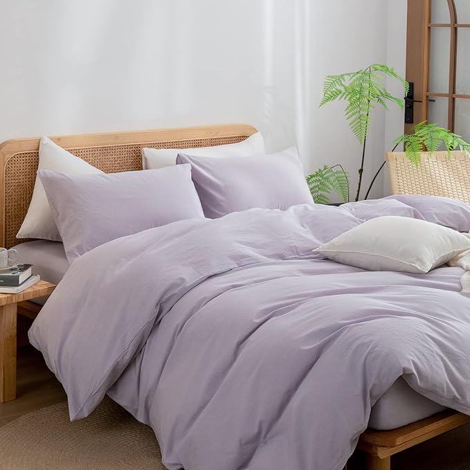 BESTOUCH Duvet Cover Set 100% Washed Cotton Linen Feel Super Soft Comfortable Chic Lightweight 3 PCs Home Bedding Set Solid Taro Purple King