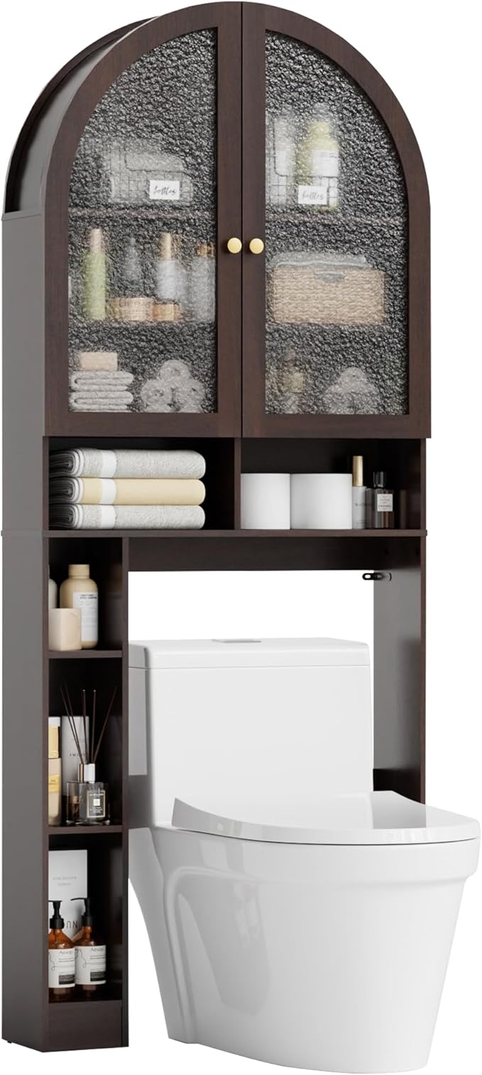 Over The Toilet Storage Cabinet, 29.7”W Modern Storage Cabinet Over Toilet with Acrylic Doors, Arched Freestanding Over Toilet Rack with Adjustable Shelf for Bathroom, Espresso