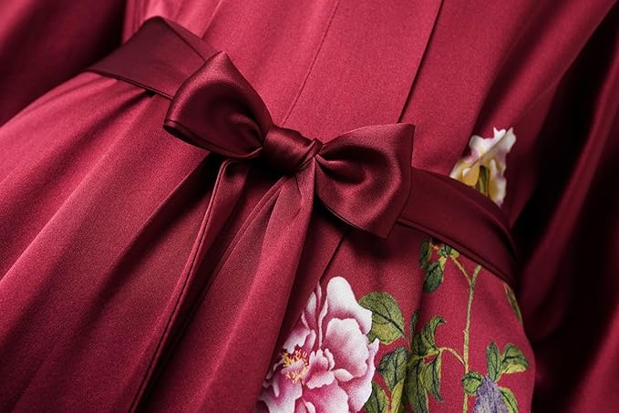 Women's Silk Kimono Robe Long Bathrobe Nightgown 100% Mulberry Silk for Women - Classic Floral Pattern
