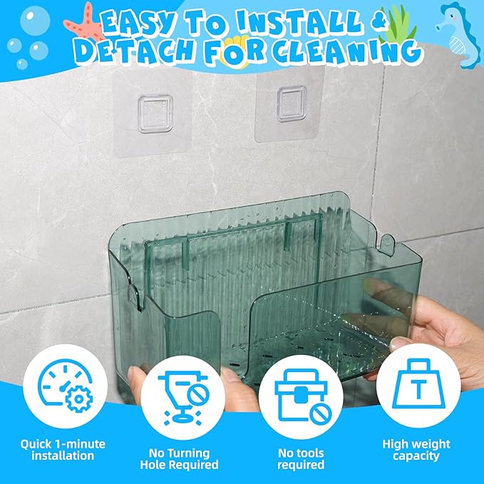 2-Pack Clear Bath Toy Storage Holder Organizer, Large Capacity Durable Plastic Bathtub Shower Caddy with Drain Holes, Quick-Dry Drainable Easy Install (Transparent Green 2-Pack)