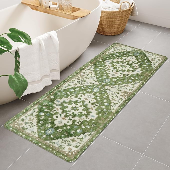 Uphome Boho Retro Large Bathroom Rugs Sage Green Non-Slip Soft Bedroom Runner Rug Oriental Floral Machine Washable Kitchen Rug Cute Farmhouse Floral Carpet for Hallway Laundry Kids Room, 24x59 inch