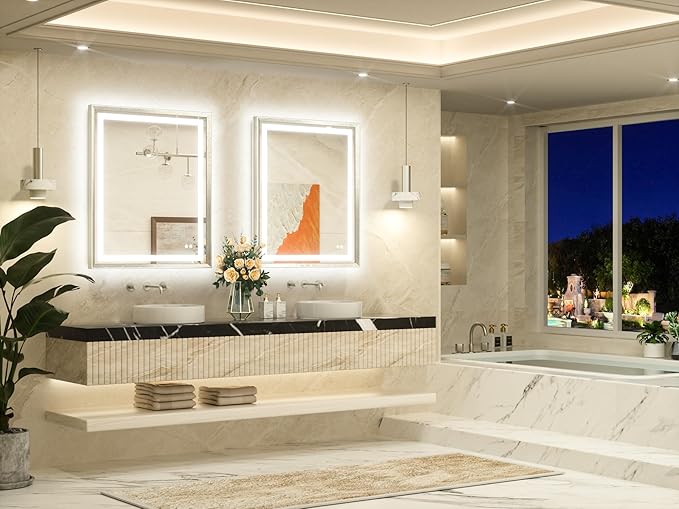TETOTE Led Bathroom Mirror 30 x 36 with Brushed Bright Nickel Frame Anti-Fog Frontlit & Backlit Vanity Mirror Stepless Dimmable 3 Colors White/Warm/Natural Wall-Mounted