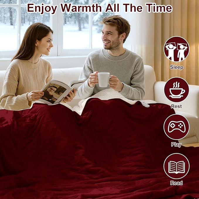 Queen Size Electric Blanket for Bed - 84" x 90" Dual Control Heated Blanket with 10 Hrs Auto Off, 5 Heating Levels, Over-Heat Protection, Washable Flannel Sherpa Heating Blankets, Red