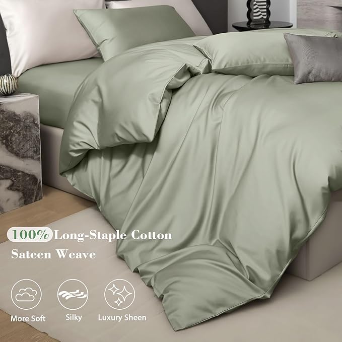 PURE ERA Duvet Cover Set 800 Thread Count Long Staple Cotton Sateen Silky Soft Luxurious Smooth 3 Piece Set Light Olive Green Queen