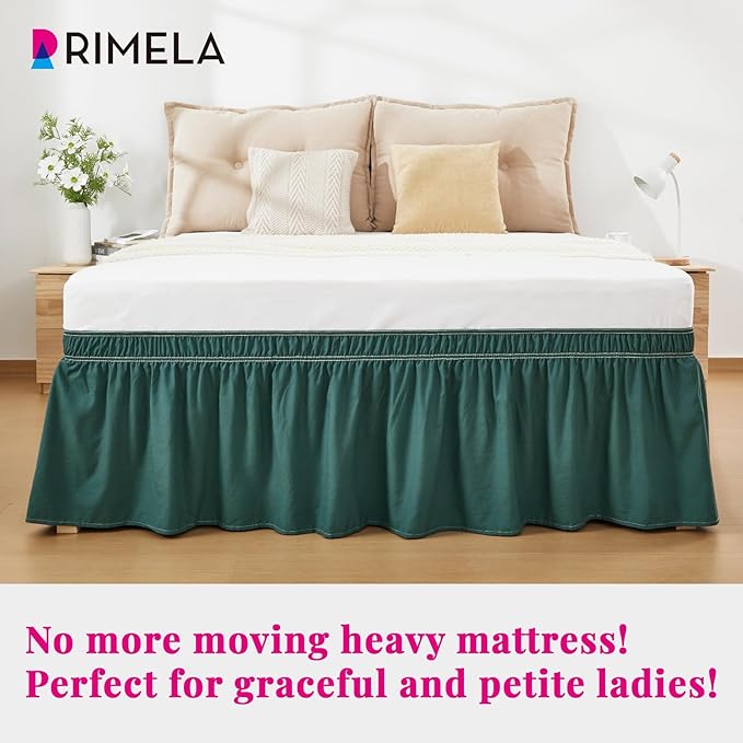 RIMELA Emerald Green Bed Skirt Queen Size 15 Inch Drop, Wrap Around Elastic Bedskirt, Dust Ruffle for Adjustable Bed Base Machine Washable Easy to Install Bed Skirts