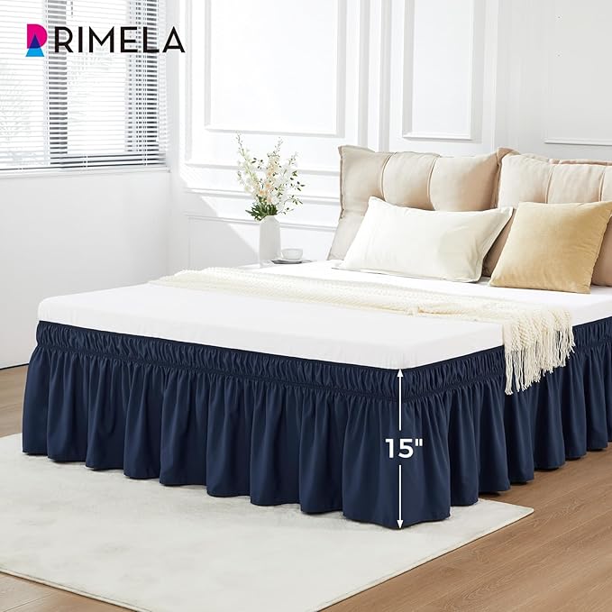 RIMELA Navy Blue Bed Skirt King Size 15 Inch Drop, Elastic Bed Skirting for Bed Base and Frame, Bedding Dust Ruffle Easy to Install, Lightweight Wrap Around Adjustable Bedskirt