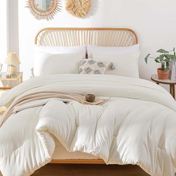 ROSGONIA Comforter Full Size for Girls Boys Teens Ivory, 3pcs (1 Boho Comforter & 2 Pillowcases) Soft Lightweight Dorm Bedding All Season Bed Set