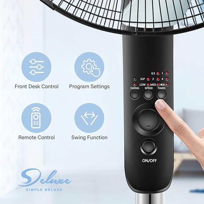 Simple Deluxe Oscillating 16″ Adjustable 3 Speed Pedestal Stand Fan with Remote Control for Indoor, Bedroom, Living Room, Home Office & College Dorm Use, 2 Pack, black