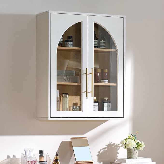 Bathroom Wall Cabinet, 23.5×31.4'' Storage Cabinet, Arched Cabinet Wall Mount with Adjustable Shelf & Glass Doors, Medicine Cabinet for Laundry Room, Bathroom, Kitchen, Living Room, Bedroom, White