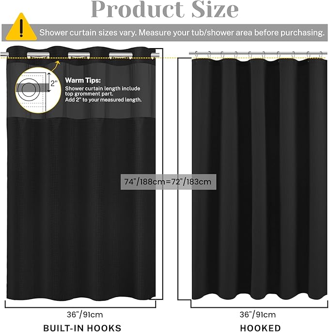 No Hook Shower Curtain with Snap in Liner Set Waffle Shower Curtain for Bathroom Hotel Style Fabric Waterproof Inner Liner，36" W x 74" H, Black