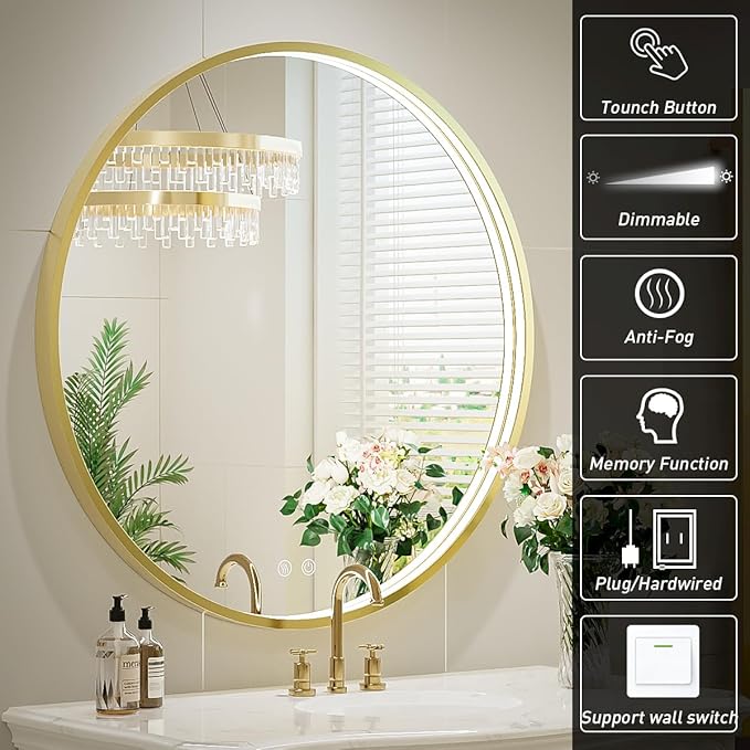 36" Round LED Bathroom Mirror, Dimmable Anti-Fog Vanity Mirror with Touch Control, 6000K Natural Light, Gold Metal Frame, Wall Mounted for Makeup Shaving (IP54, 90+ CRI)