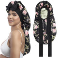 AWAYTR Long Satin Bonnet for Women - Double Layer Elastic Silk Bonnet for Braids Hair Sleeping Cap with Tie Band (Black Flower+Green)