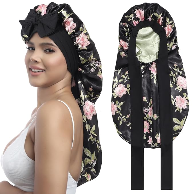 AWAYTR Long Satin Bonnet for Women - Double Layer Elastic Silk Bonnet for Braids Hair Sleeping Cap with Tie Band (Black Flower+Green)
