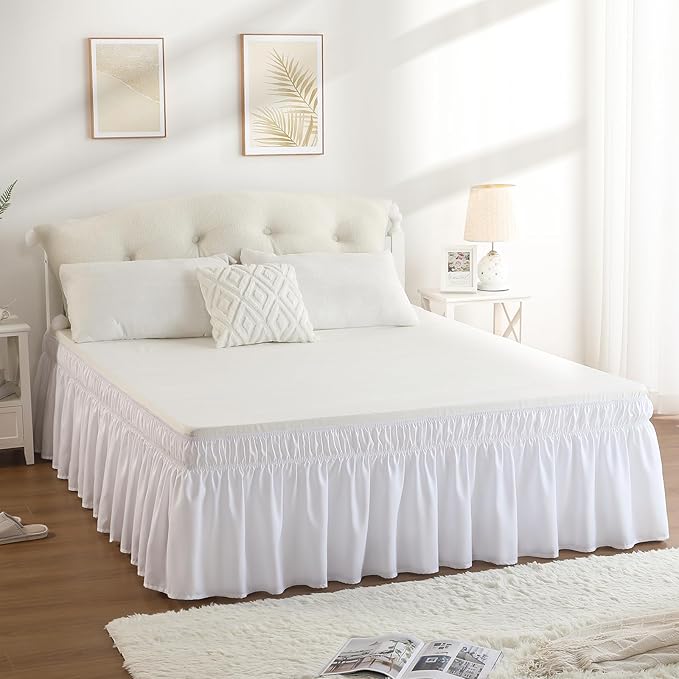 RIMELA Queen Bed Skirt 14 Inch Drop White, Wrap Around Elastic Bed Skirts Queen Size Dust Ruffle, Bedskirt for Adjustable Bed Base Solid Silky Fabric Machine Washable Easy to Install