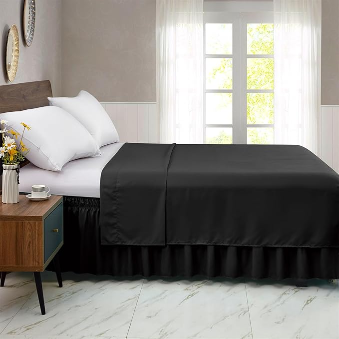 FreshCulture Twin Bed Skirt, Elastic Wrap Around Bed Skirt Twin Bed, Easy Fit with 15-Inch Tailored Drop, Hotel Quality Bed Skirts for Adjustable Bed (Black)