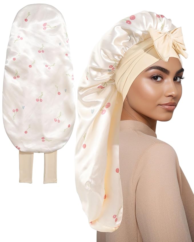 AWAYTR Long Satin Bonnet for Sleeping, Reversible Double Layer Hair Bonnet with Elastic Tie Band (Cherry Print+Beige)