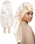 AWAYTR Long Satin Bonnet for Sleeping, Reversible Double Layer Hair Bonnet with Elastic Tie Band (Cherry Print+Beige)