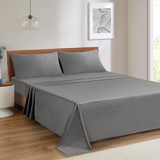 Mejoroom Striped Twin Sheet Set - Hotel Collection Twin Sheets - Bedding Sheets & Pillowcases with Deep Pocket Fitted Sheet, Breathable, Wrinkle & Fade Resistant - 3 Piece (02-Gray)