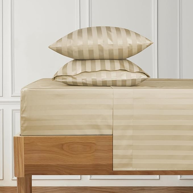 URBANHUT 1000 Thread Count Damask Striped Queen Size Egyptian Cotton Sheets, Long Staple Soft & Breathable, 4 Pc Bed Sheet Sets, Luxury Hotel Sateen Sheets Fits 16" Deep Pocket - Sand