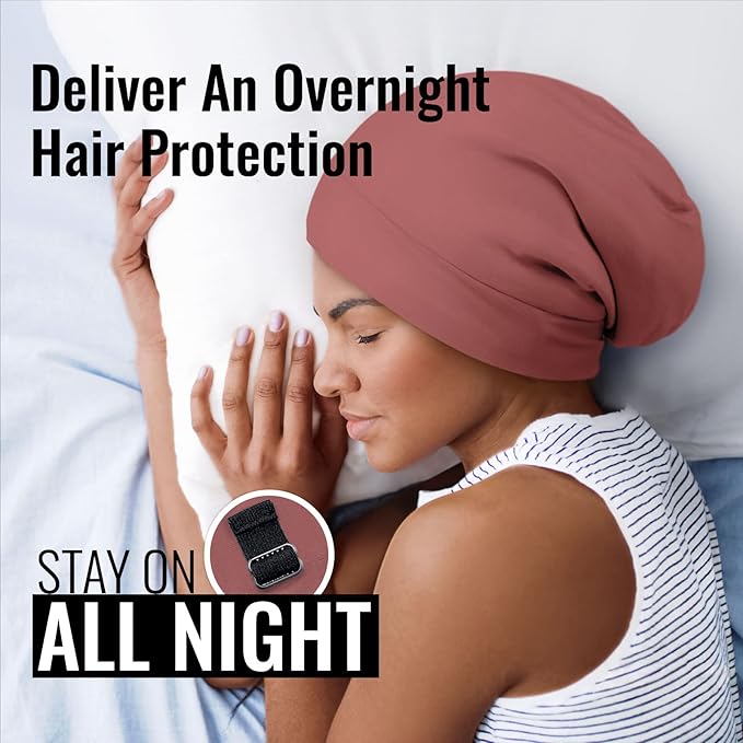 Satin Lined Sleep Cap Bonnet for Curly Hair and Braids, Stay On All Night Hair Wrap with Adjustable Strap for Women and Men, Grey Red, Pack of 1