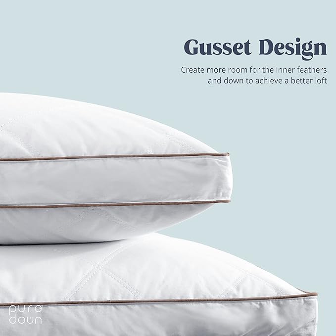 puredown® Goose Feathers and Down Pillow for Sleeping Hotel Collection Bed Pillows, Gusseted, Standard/Queen, Set of 2