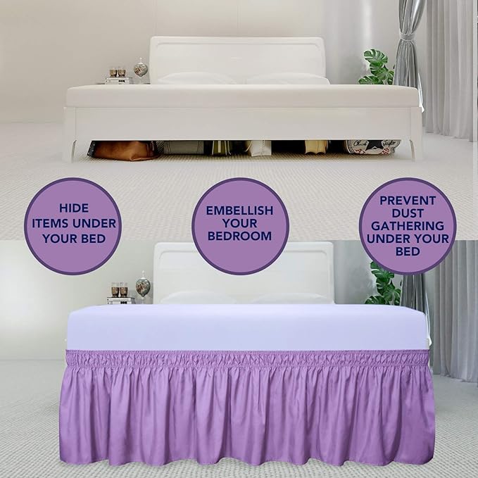 PureFit Wrap Around Ruffled Bed Skirt with Adjustable Elastic Belt - 14 Inch Drop Easy to Put On, Wrinkle Free Bedskirt Dust Ruffles, Bed Frame Cover for Twin, Twin XL and Full Size Beds, Lavender