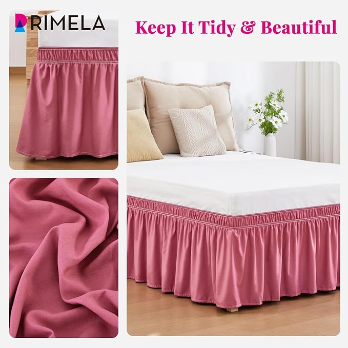 RIMELA Dusty Red Bed Skirt Queen Size 18 Inch Drop, Wrap Around Elastic Bedskirt, Dust Ruffle for Adjustable Bed Base Machine Washable Easy to Install Bed Skirts