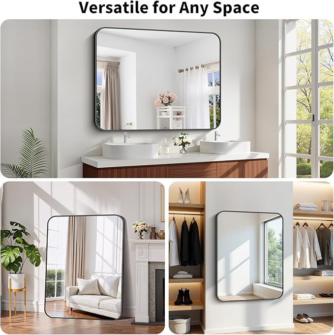 Koonmi Black Framed Bathroom Mirror - 36x48 Inch Shatterproof Tempered Glass Vanity Mirror for Bathroom Sink, Wall Mounted with Matte Aluminum Alloy Frame, No Distortion, Modern Decor