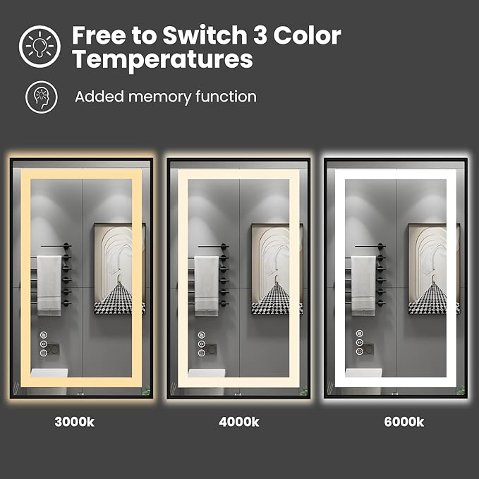 Amorho 20"x 28" LED Bathroom Mirror with Black Frame, Front Light and Backlit, Stepless Dimmable, Anti-Fog, Shatter-Proof, Memory, 3 Colors, Double LED Vanity Mirror
