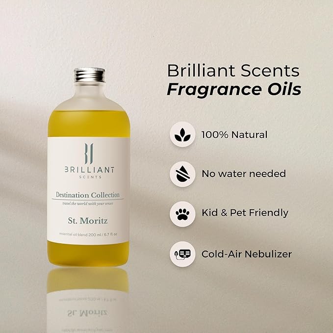 Brilliant Scents St. Moritz Fragrance Oil 200ml - Premium Diffuser Oil for Home, Office, Hotels - Long Lasting, Plant-Based, Meets IFRA Standards, USA-Made - Lemongrass, Magnolia, Koa Wood