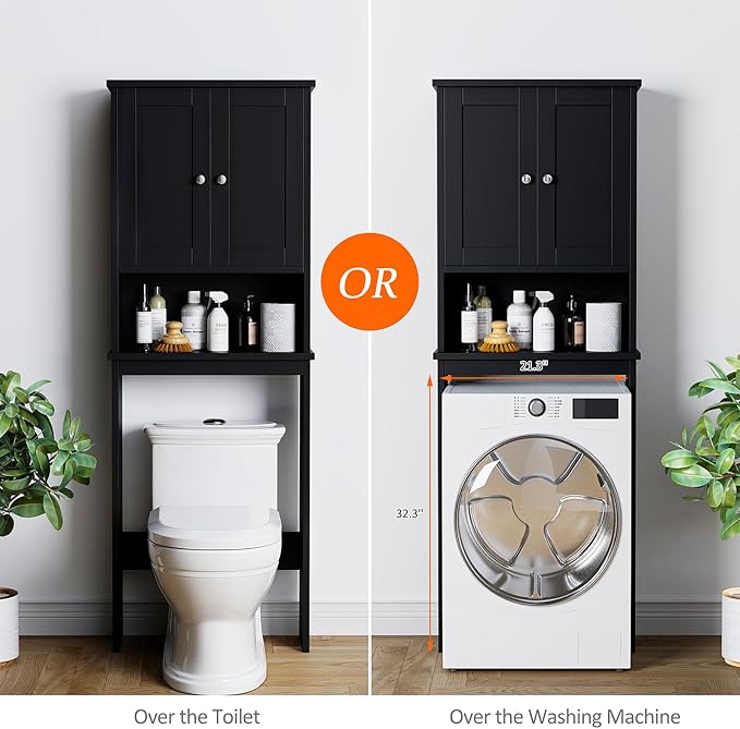 Meilocar Over The Toilet Storage Cabinet for Bathroom, Black Bathroom Over Toilet Cabinet Freestanding Storage Organizer, Space Saver with Doors and Adjustable Shelf, Black