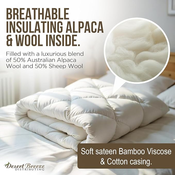Desert Breeze Distributing Pure and Natural Australian Alpaca & Sheep Wool Comforter – Warm, Soft, Thick, Breathable Duvet Insert with Bamboo Viscose and Cotton Cover, Queen Size, 90x94 inches