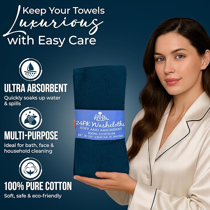 DAN RIVER 100% Cotton Wash Cloths 24 Pack [12x12] Soft & Absorbent Rags for Body, Gym, Hotels & Spa Perfect for Everyday Use Fingertip Towels, Opal Blue