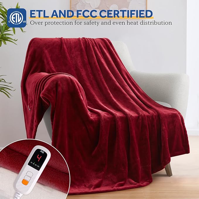 Sealy Heated Blanket Electric Throw 50"x60", Soft Double Flannel Electric Blanket with 6 Heat Levels & 2-10 Hours Auto Shut Off, Machine Washable, Even Heat Distribution, Red