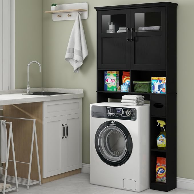 Vabches Over The Toilet Storage Cabinet, Storage Cabinet Over Toilet with Double Doors & Toilet Paper Holder Stand, Freestanding Toilet Shelf Space Saver with Anti-Tip Design & Adjustable Shelf, Black