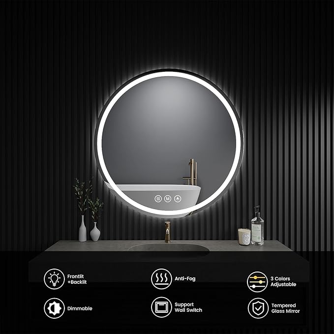 LED Bathroom Mirror 24 Inch Round Bathroom Mirror with Lights, Circle LED Mirror, Wall Mounted Lighted Bathroom with 3 Colors Brightness, Anti-Fog, Dimmable, Shatter-Proof