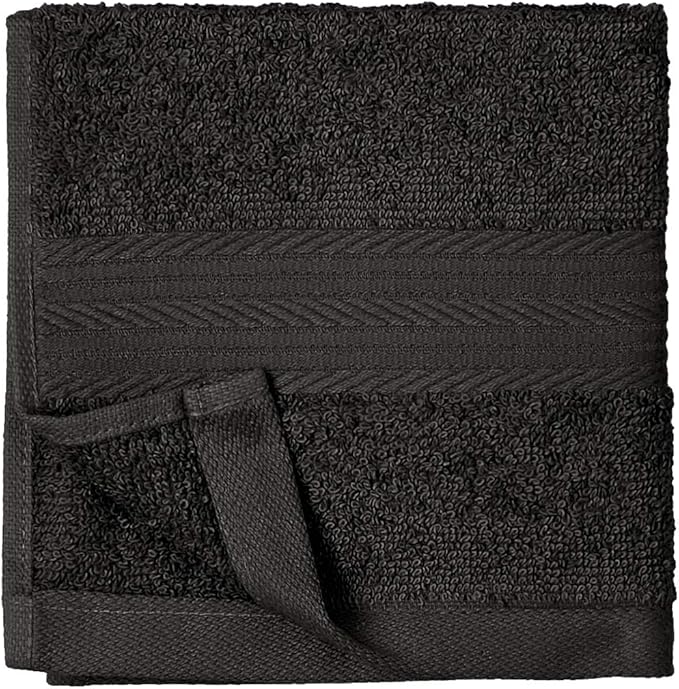 Amazon Basics Cotton Washcloths for Face, Soft, Absorbent, 12-Pack, Black, 12 Inch x 12 Inch