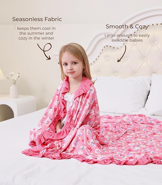 Premium Baby Blanket for Girls, Stretchy Quilt, Soft Crib Bedding for Newborn Baby and Toddler, Ruffle Nursery Blanket for Kids, Viscose Made from Bamboo, 50''x50'' Beautiful Swan One Size