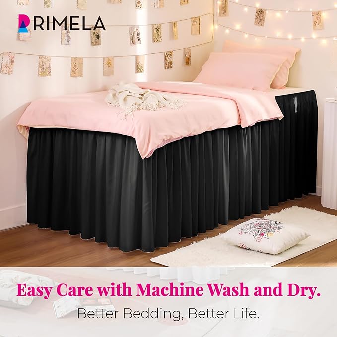 RIMELA Dorm Bed Skirt Twin XL 25 Inch Drop, Extra Long Wrap Around Elastic Bed Skirts Easy to Put On Twin Size Dust Ruffle, Black Bedskirt for Adjustable Bed Base Solid Silky Fabric Machine Washable